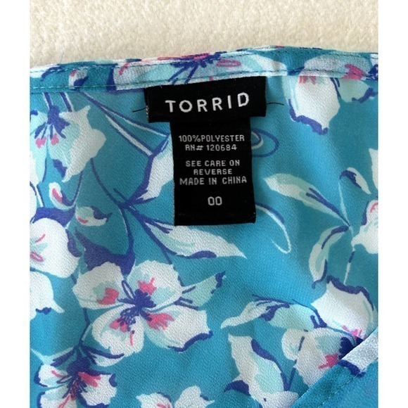 Torrid Floral Chiffon Button‎ Front Top Sz 0 Turquoise Sheer Summer Blouse Shirt - Picture 2 of 9